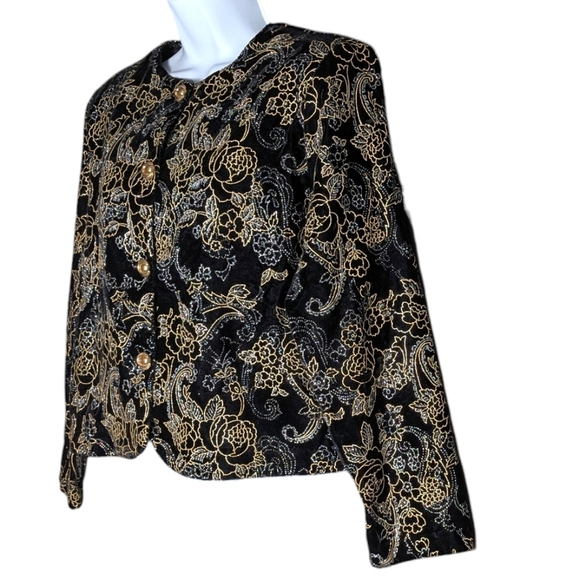 Joanna Vintage Black Gold Velvet Brocade Jacket Embroidered Metallic Floral Crop - Picture 5 of 16